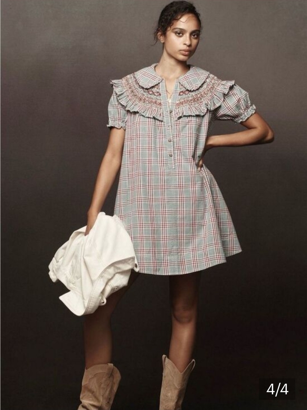 Pilcro Anthropologie Smocked Plaid Babydoll Mini Dress Ruffle Collar Puff Sleeve